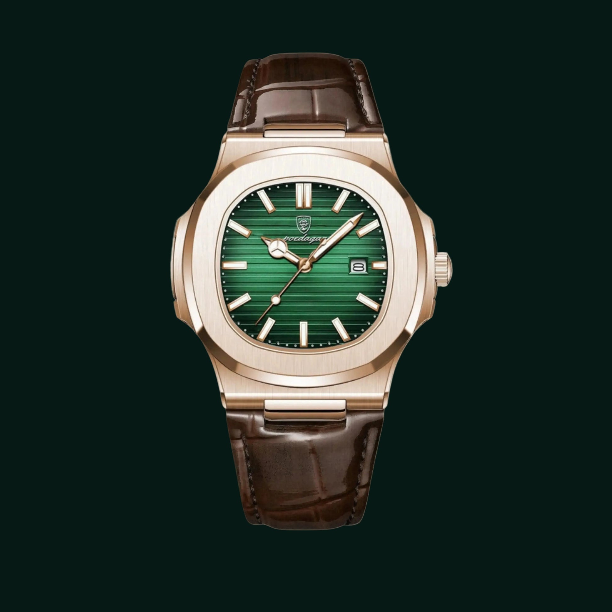 Luxury watch with green face and brown leather strap on white background