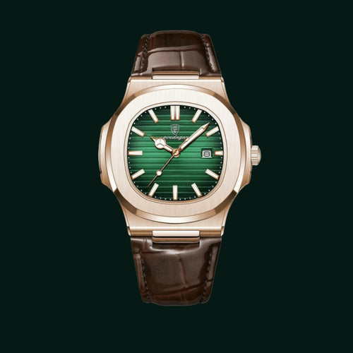 Luxury watch with green face and brown leather strap on white background