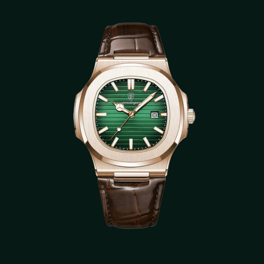 Luxury watch with green face and brown leather strap on white background